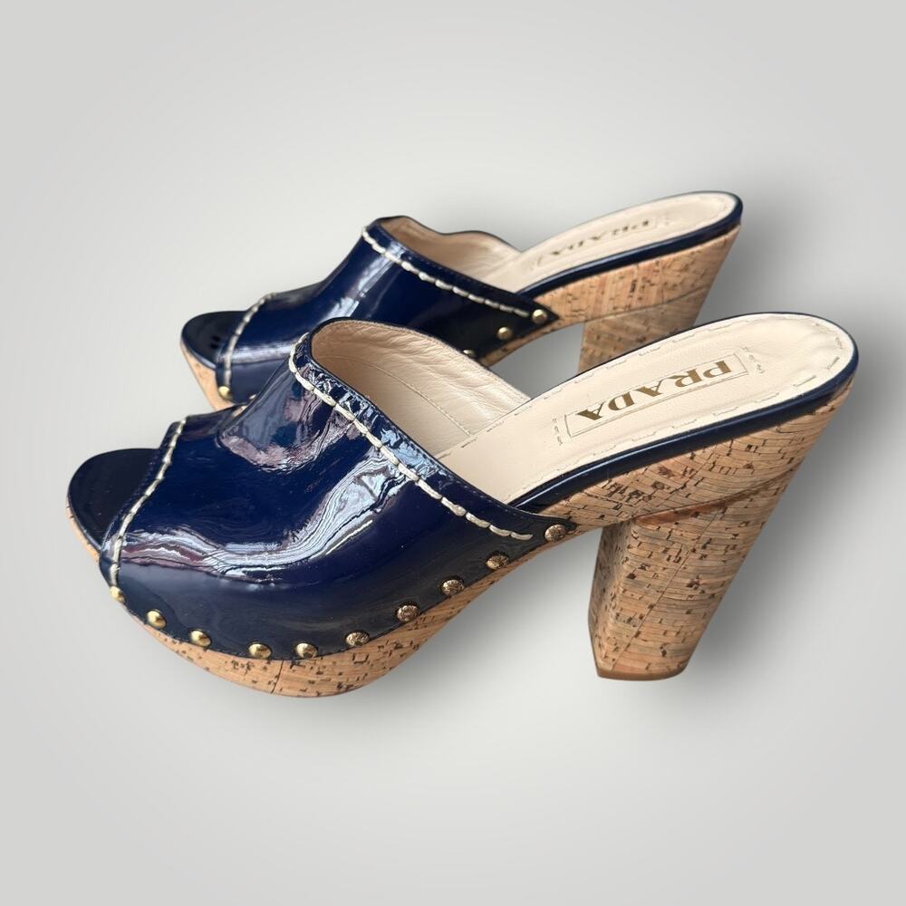 Prada Royal Blue Patent Leather Studded Cork Mule Sandals Size 40
